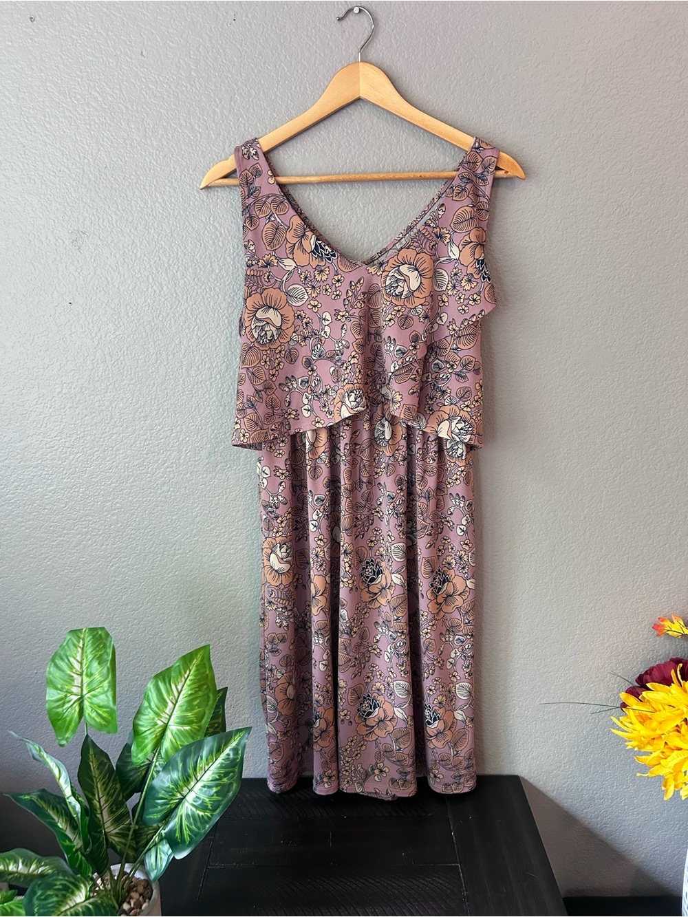 Maternity Nursing Everly Grey Mauve Pink Floral Layered Midi Dress